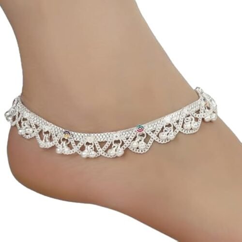 AanyaCentric Indian Traditional Ethnic Fancy Fashion Foot Jewellery Silver Ghungroo Painjan Payal Leg Chain Stylish Imitation Anklets for Women and Girls