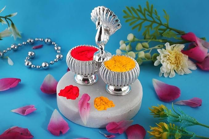Silver 925 Haldi Kumkum Sindoor Box Dabbi for Pooja. Deccorative Kumkum Box with Shell Design Handle, Dual Compartment, Peacock Pattern - Image 4