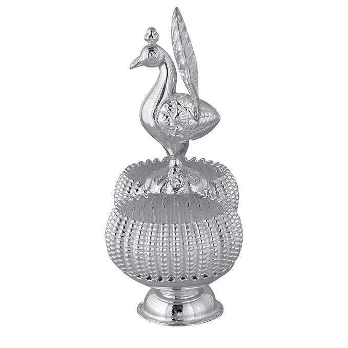 Silver 925 Haldi Kumkum Sindoor Box Dabbi for Pooja. Deccorative Kumkum Box with Shell Design Handle, Dual Compartment, Peacock Pattern - Image 3