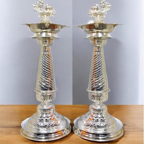German Silver Peacock Handle Diya for Home & Temple Pooja Decore