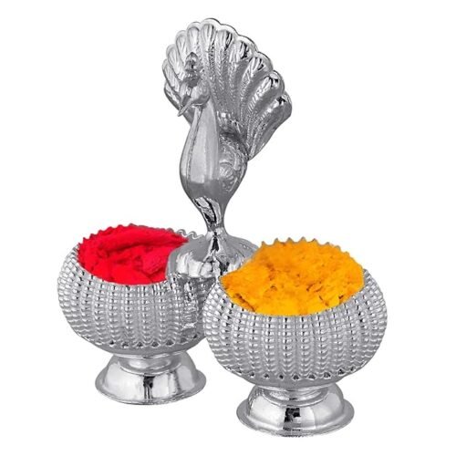 Silver 925 Haldi Kumkum Sindoor Box Dabbi for Pooja. Deccorative Kumkum Box with Shell Design Handle, Dual Compartment, Peacock Pattern