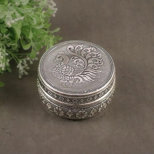 Silver Peacock Embossed steel box | Gift Box | Utility Box | Meenakari Box | puri box/dabbi (Silver)