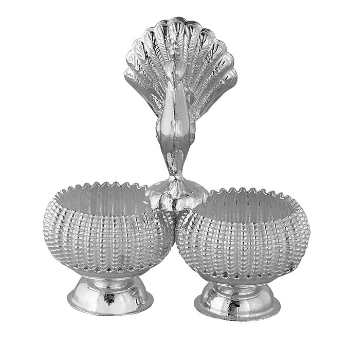 Silver 925 Haldi Kumkum Sindoor Box Dabbi for Pooja. Deccorative Kumkum Box with Shell Design Handle, Dual Compartment, Peacock Pattern - Image 2